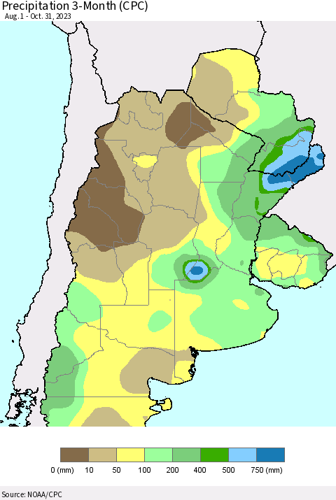 Southern South America Precipitation 3-Month (CPC) Thematic Map For 8/1/2023 - 10/31/2023