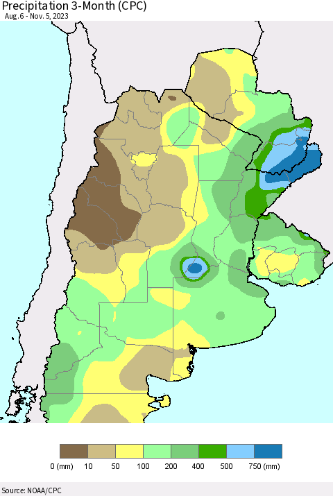 Southern South America Precipitation 3-Month (CPC) Thematic Map For 8/6/2023 - 11/5/2023