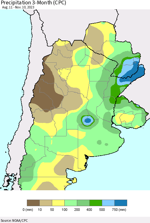 Southern South America Precipitation 3-Month (CPC) Thematic Map For 8/11/2023 - 11/10/2023