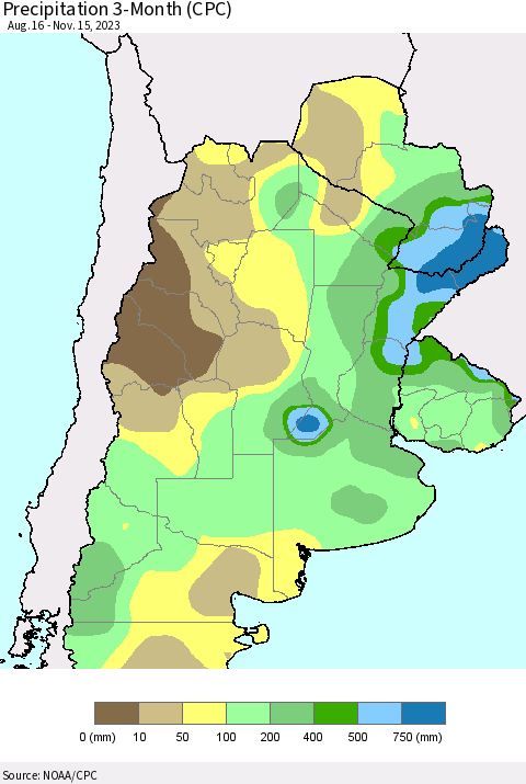 Southern South America Precipitation 3-Month (CPC) Thematic Map For 8/16/2023 - 11/15/2023