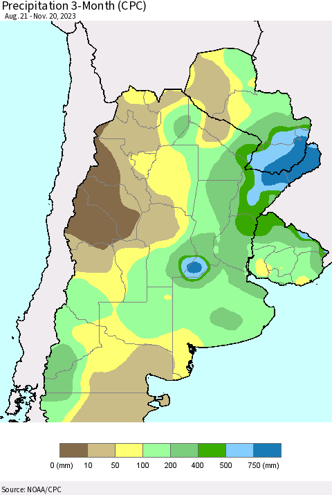 Southern South America Precipitation 3-Month (CPC) Thematic Map For 8/21/2023 - 11/20/2023