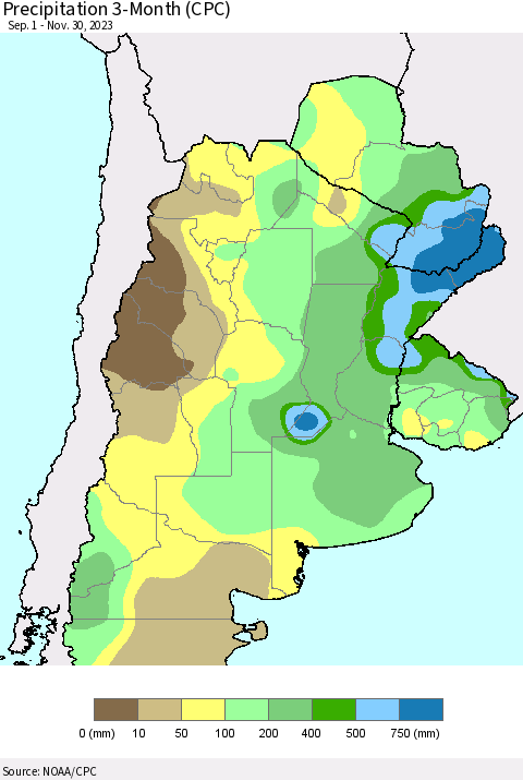 Southern South America Precipitation 3-Month (CPC) Thematic Map For 9/1/2023 - 11/30/2023