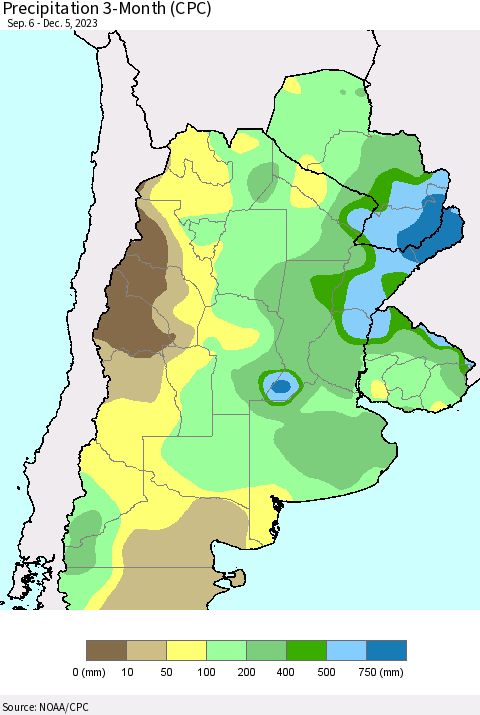 Southern South America Precipitation 3-Month (CPC) Thematic Map For 9/6/2023 - 12/5/2023