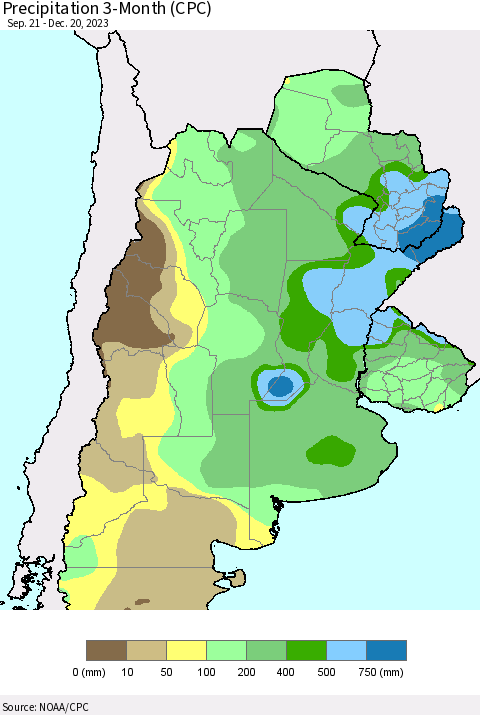 Southern South America Precipitation 3-Month (CPC) Thematic Map For 9/21/2023 - 12/20/2023