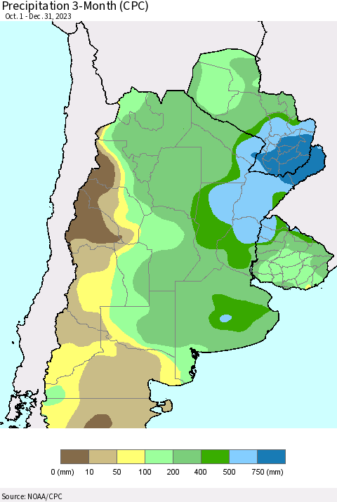 Southern South America Precipitation 3-Month (CPC) Thematic Map For 10/1/2023 - 12/31/2023
