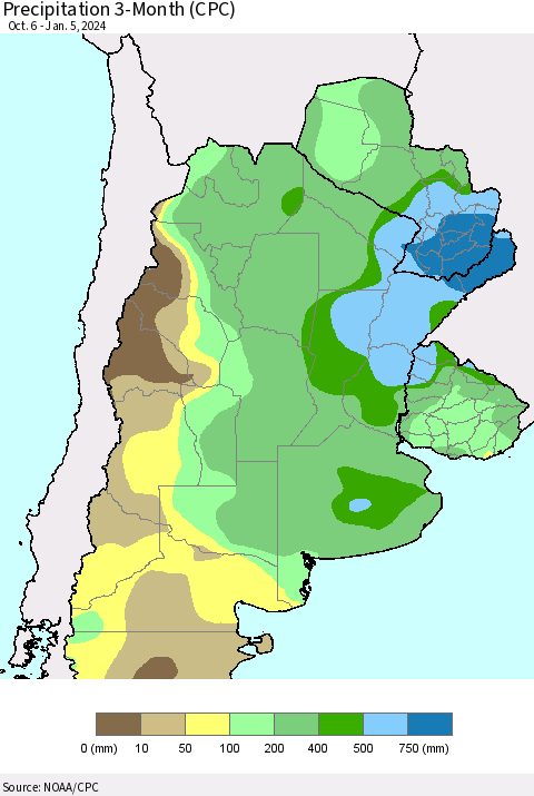 Southern South America Precipitation 3-Month (CPC) Thematic Map For 10/6/2023 - 1/5/2024