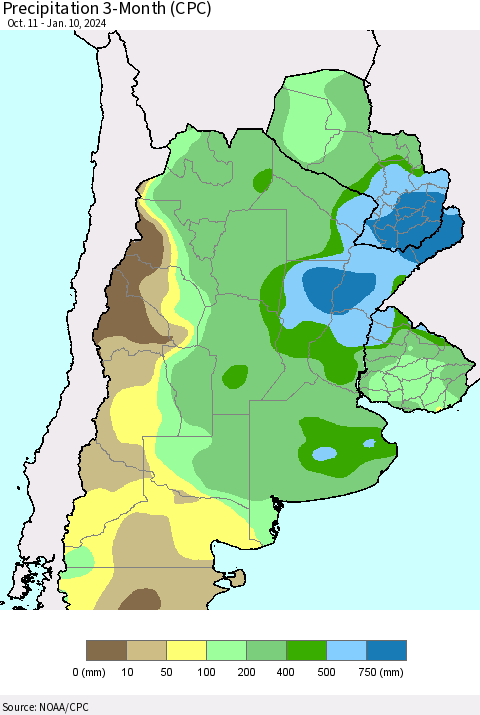 Southern South America Precipitation 3-Month (CPC) Thematic Map For 10/11/2023 - 1/10/2024