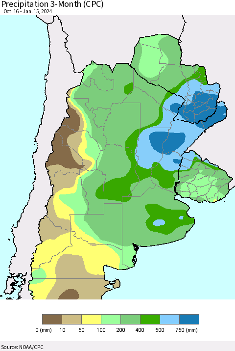 Southern South America Precipitation 3-Month (CPC) Thematic Map For 10/16/2023 - 1/15/2024