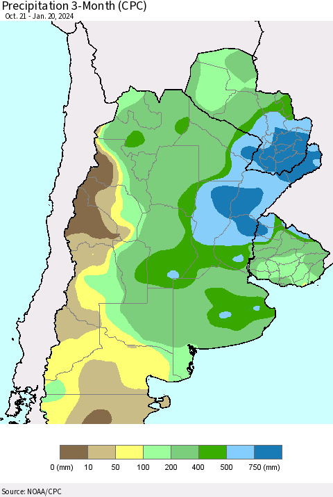 Southern South America Precipitation 3-Month (CPC) Thematic Map For 10/21/2023 - 1/20/2024