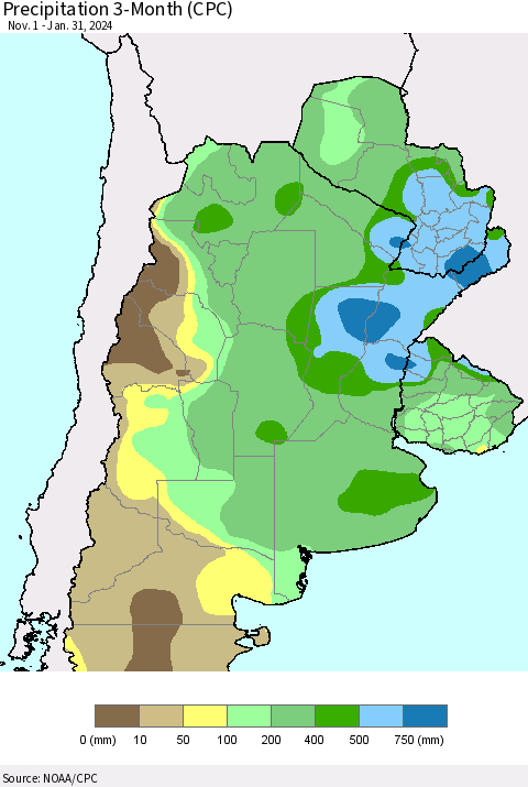 Southern South America Precipitation 3-Month (CPC) Thematic Map For 11/1/2023 - 1/31/2024