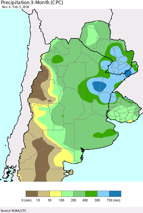 Southern South America Precipitation 3-Month (CPC) Thematic Map For 11/6/2023 - 2/5/2024