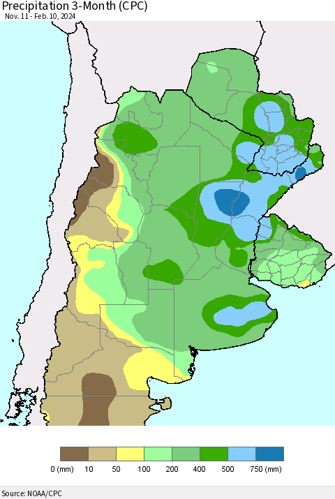 Southern South America Precipitation 3-Month (CPC) Thematic Map For 11/11/2023 - 2/10/2024