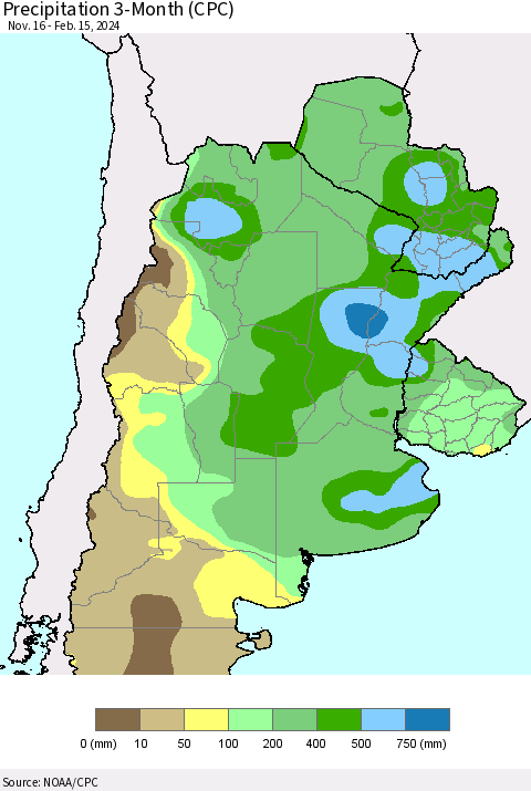 Southern South America Precipitation 3-Month (CPC) Thematic Map For 11/16/2023 - 2/15/2024