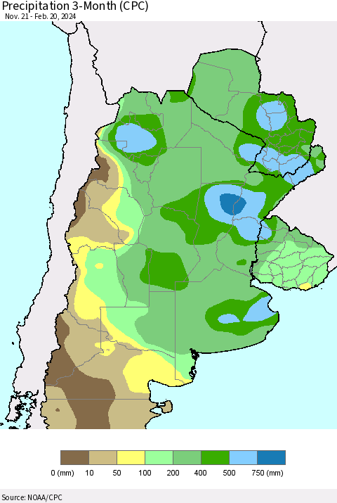 Southern South America Precipitation 3-Month (CPC) Thematic Map For 11/21/2023 - 2/20/2024