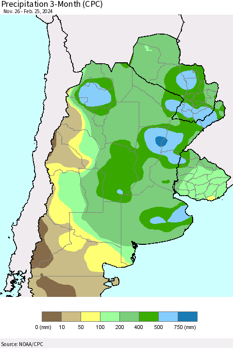 Southern South America Precipitation 3-Month (CPC) Thematic Map For 11/26/2023 - 2/25/2024
