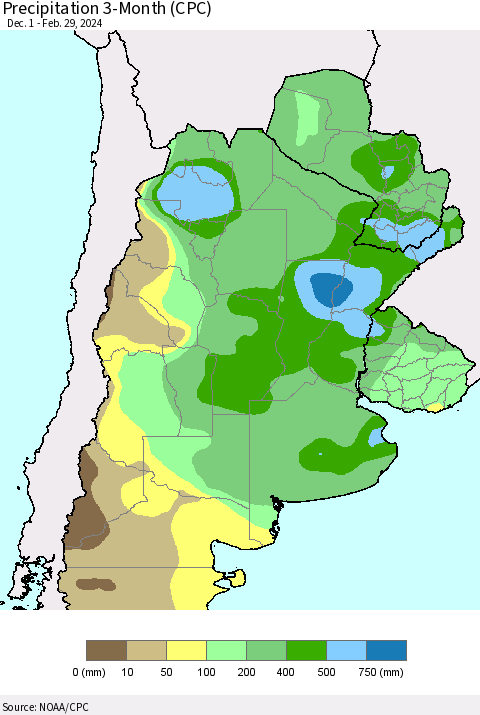 Southern South America Precipitation 3-Month (CPC) Thematic Map For 12/1/2023 - 2/29/2024