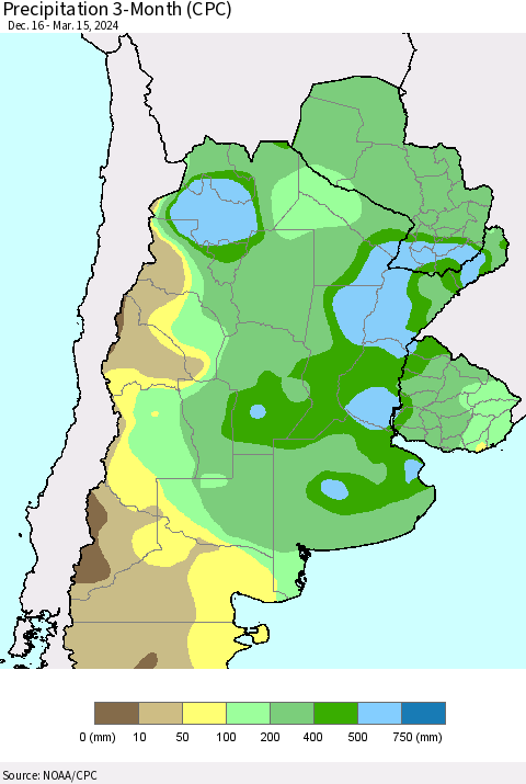 Southern South America Precipitation 3-Month (CPC) Thematic Map For 12/16/2023 - 3/15/2024
