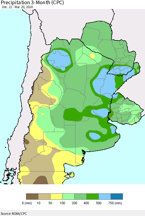 Southern South America Precipitation 3-Month (CPC) Thematic Map For 12/21/2023 - 3/20/2024