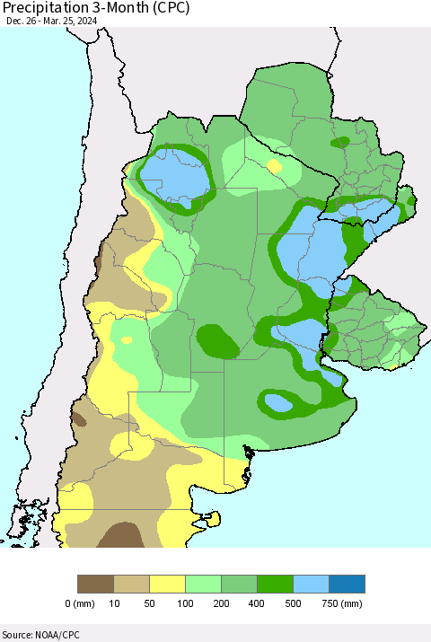 Southern South America Precipitation 3-Month (CPC) Thematic Map For 12/26/2023 - 3/25/2024