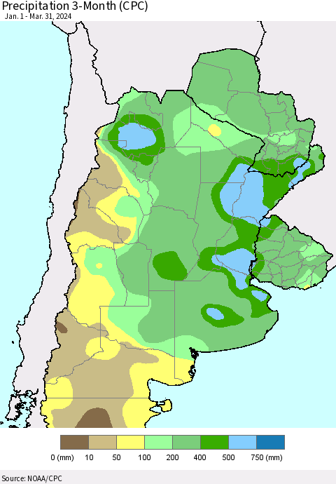 Southern South America Precipitation 3-Month (CPC) Thematic Map For 1/1/2024 - 3/31/2024