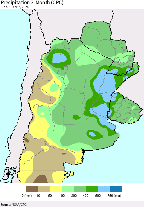 Southern South America Precipitation 3-Month (CPC) Thematic Map For 1/6/2024 - 4/5/2024