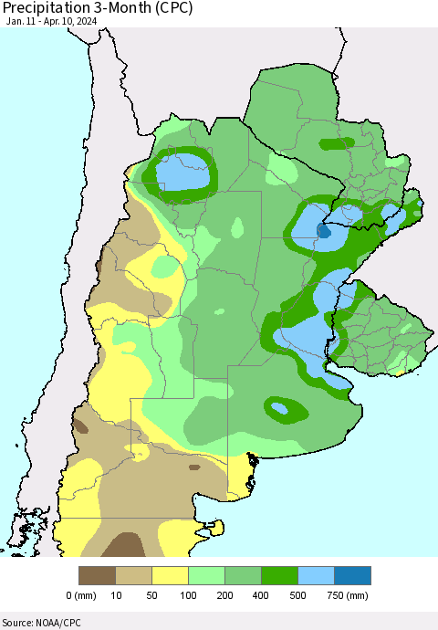 Southern South America Precipitation 3-Month (CPC) Thematic Map For 1/11/2024 - 4/10/2024