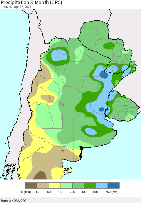 Southern South America Precipitation 3-Month (CPC) Thematic Map For 1/16/2024 - 4/15/2024