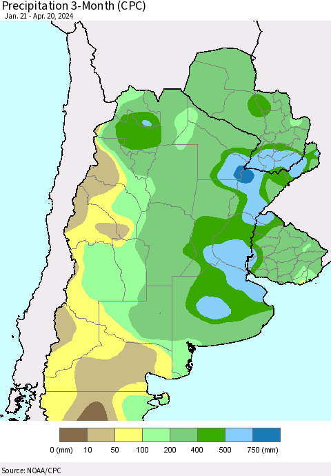Southern South America Precipitation 3-Month (CPC) Thematic Map For 1/21/2024 - 4/20/2024