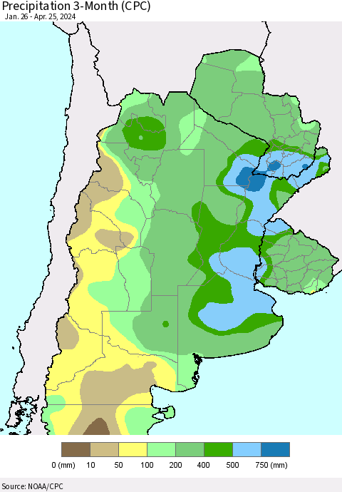 Southern South America Precipitation 3-Month (CPC) Thematic Map For 1/26/2024 - 4/25/2024