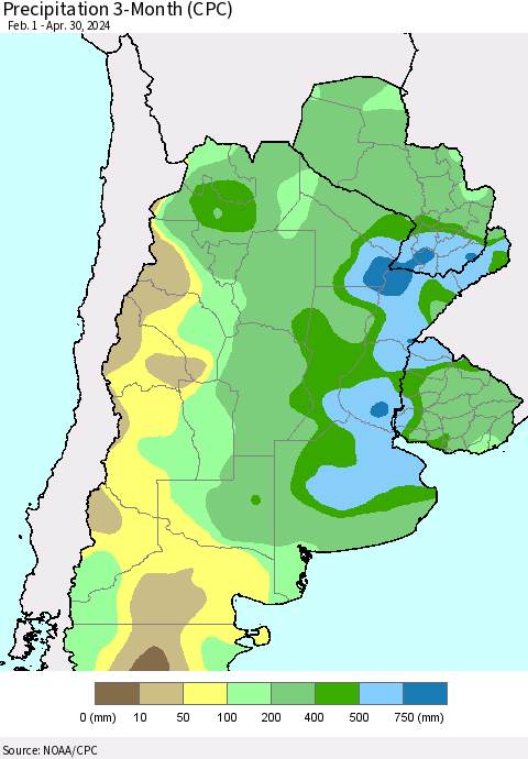 Southern South America Precipitation 3-Month (CPC) Thematic Map For 2/1/2024 - 4/30/2024