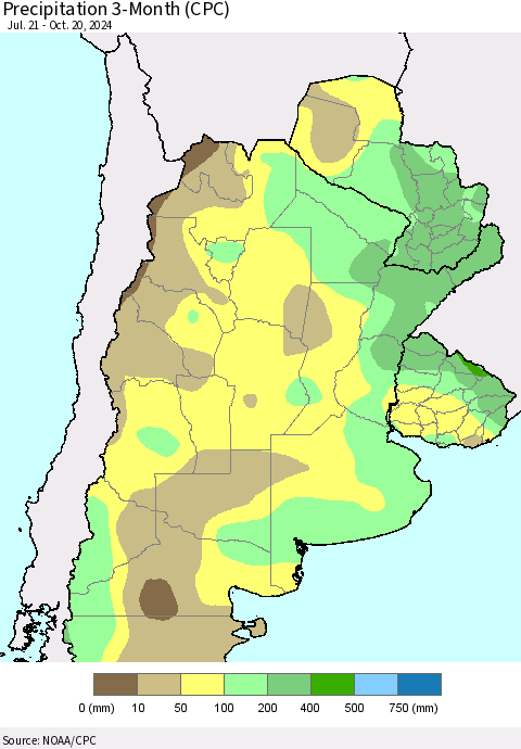 Southern South America Precipitation 3-Month (CPC) Thematic Map For 7/21/2024 - 10/20/2024