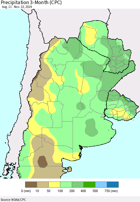 Southern South America Precipitation 3-Month (CPC) Thematic Map For 8/11/2024 - 11/10/2024