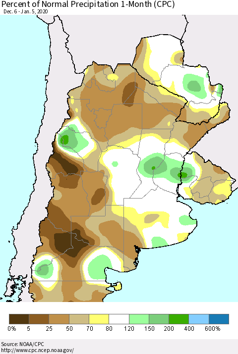 Southern South America Percent of Normal Precipitation 1-Month (CPC) Thematic Map For 12/6/2019 - 1/5/2020