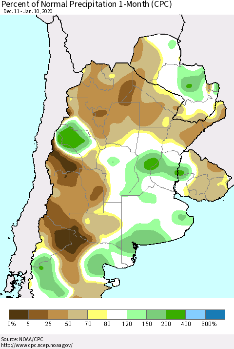 Southern South America Percent of Normal Precipitation 1-Month (CPC) Thematic Map For 12/11/2019 - 1/10/2020