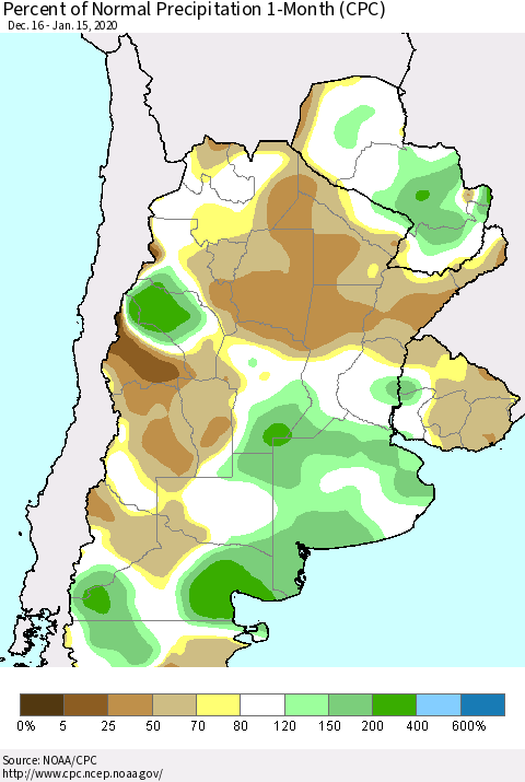 Southern South America Percent of Normal Precipitation 1-Month (CPC) Thematic Map For 12/16/2019 - 1/15/2020