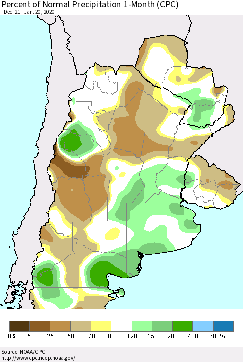 Southern South America Percent of Normal Precipitation 1-Month (CPC) Thematic Map For 12/21/2019 - 1/20/2020