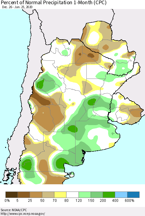 Southern South America Percent of Normal Precipitation 1-Month (CPC) Thematic Map For 12/26/2019 - 1/25/2020