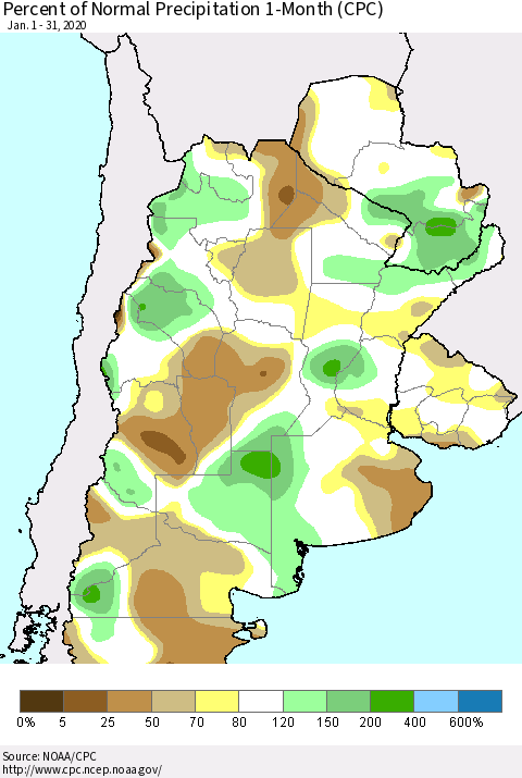 Southern South America Percent of Normal Precipitation 1-Month (CPC) Thematic Map For 1/1/2020 - 1/31/2020