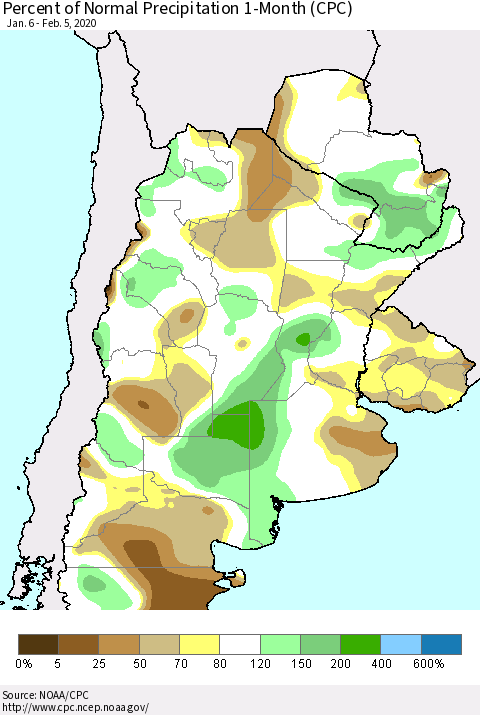 Southern South America Percent of Normal Precipitation 1-Month (CPC) Thematic Map For 1/6/2020 - 2/5/2020