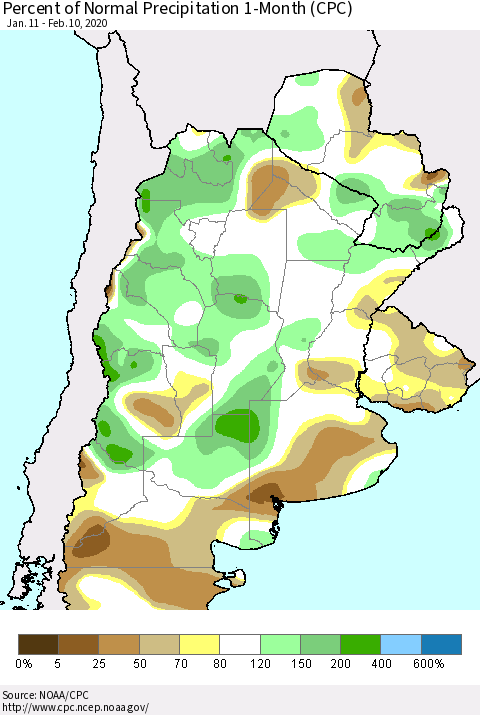 Southern South America Percent of Normal Precipitation 1-Month (CPC) Thematic Map For 1/11/2020 - 2/10/2020