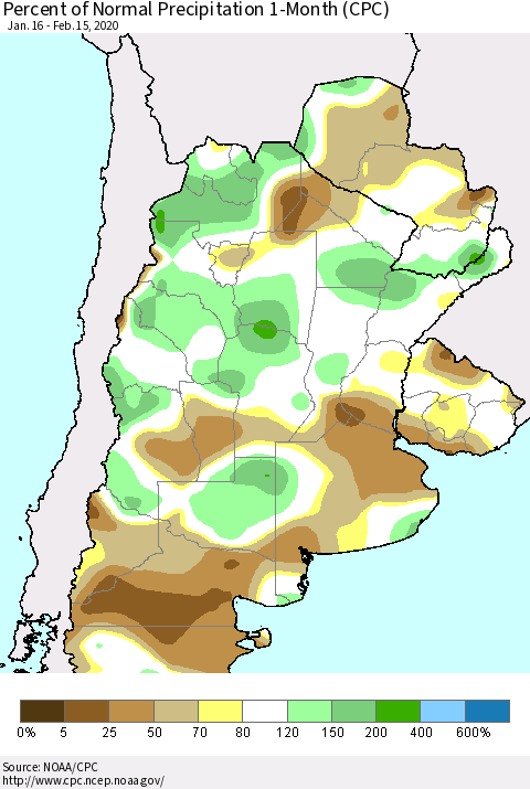 Southern South America Percent of Normal Precipitation 1-Month (CPC) Thematic Map For 1/16/2020 - 2/15/2020