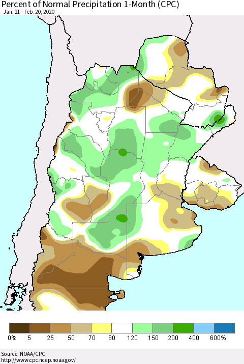 Southern South America Percent of Normal Precipitation 1-Month (CPC) Thematic Map For 1/21/2020 - 2/20/2020