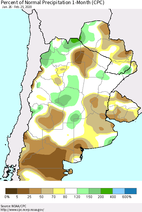 Southern South America Percent of Normal Precipitation 1-Month (CPC) Thematic Map For 1/26/2020 - 2/25/2020