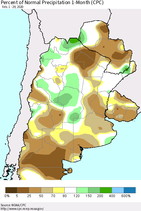 Southern South America Percent of Normal Precipitation 1-Month (CPC) Thematic Map For 2/1/2020 - 2/29/2020