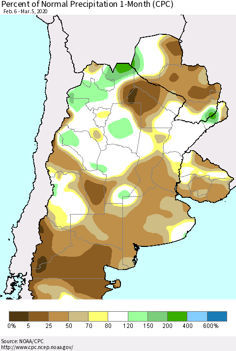 Southern South America Percent of Normal Precipitation 1-Month (CPC) Thematic Map For 2/6/2020 - 3/5/2020