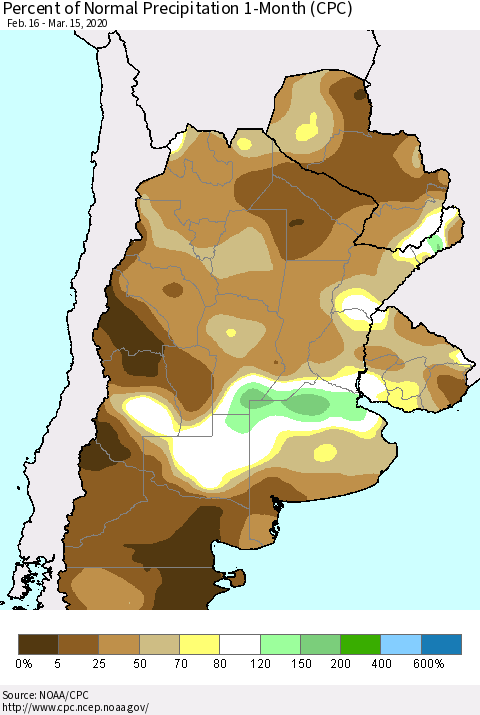 Southern South America Percent of Normal Precipitation 1-Month (CPC) Thematic Map For 2/16/2020 - 3/15/2020