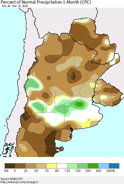 Southern South America Percent of Normal Precipitation 1-Month (CPC) Thematic Map For 2/26/2020 - 3/25/2020