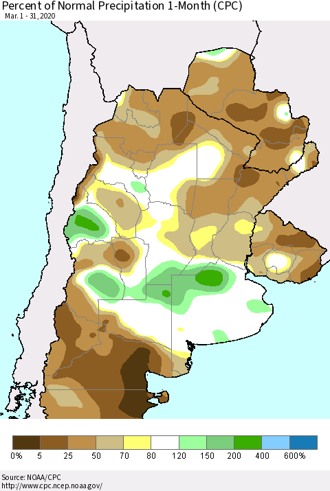 Southern South America Percent of Normal Precipitation 1-Month (CPC) Thematic Map For 3/1/2020 - 3/31/2020