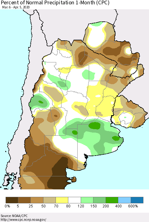 Southern South America Percent of Normal Precipitation 1-Month (CPC) Thematic Map For 3/6/2020 - 4/5/2020
