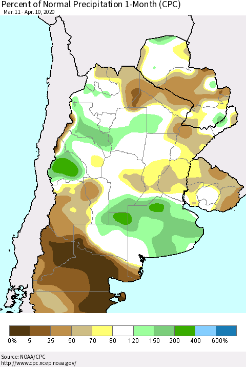 Southern South America Percent of Normal Precipitation 1-Month (CPC) Thematic Map For 3/11/2020 - 4/10/2020